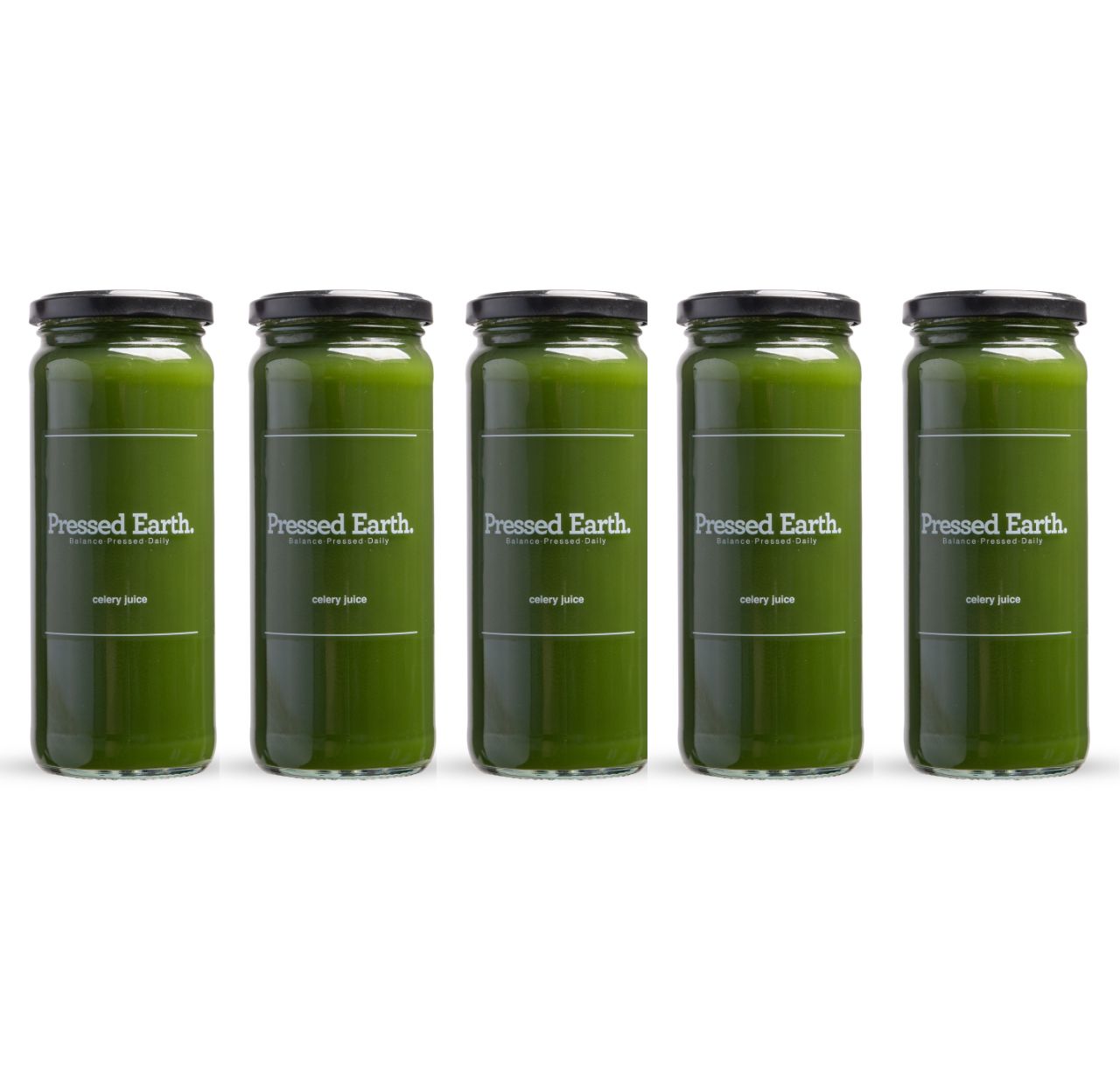 Pressed Earth cold-pressed raw celery juice in a pack of 5 glass bottles Perth
