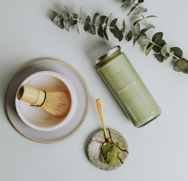 Pressed Earth organic matcha fresh almond milk in recyclable glass bottle Perth